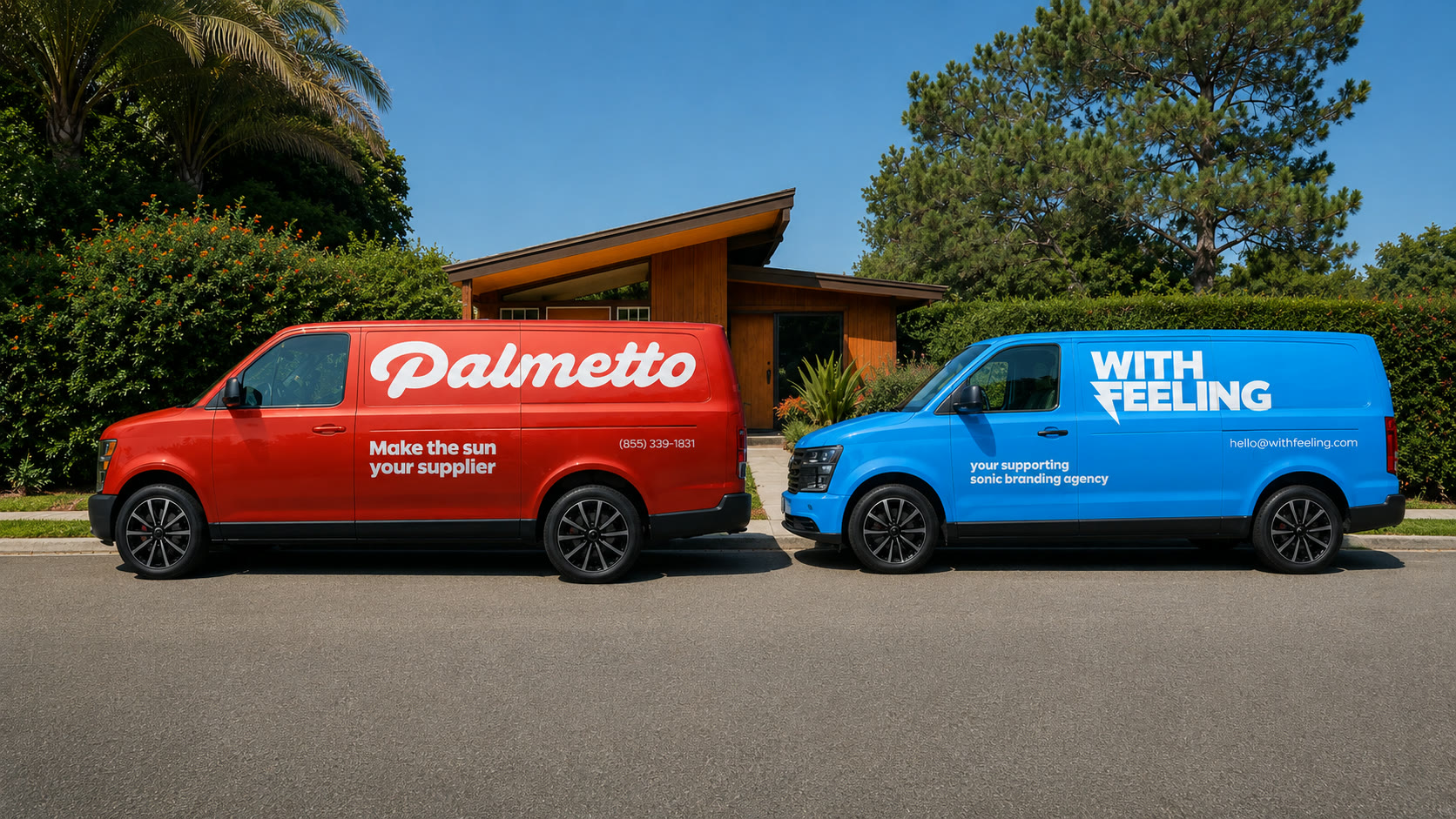A Palmetto van and a WithFeeling van parked nose to nose